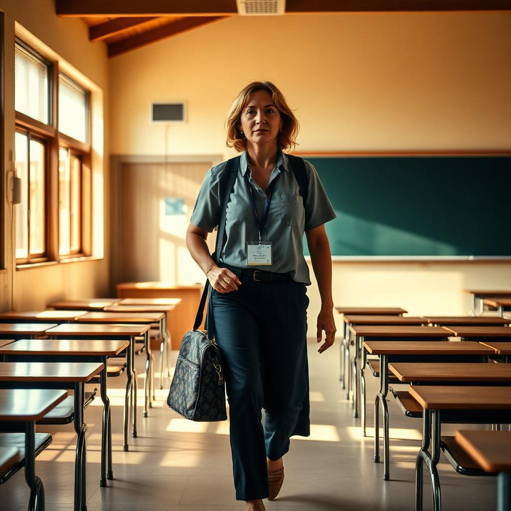 A casual relief teacher arriving at an Australian classroom in morning light