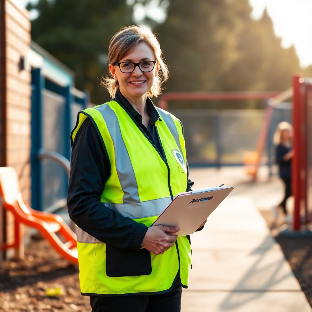 A teacher on yard duty in a hi-vis vest in a school playground