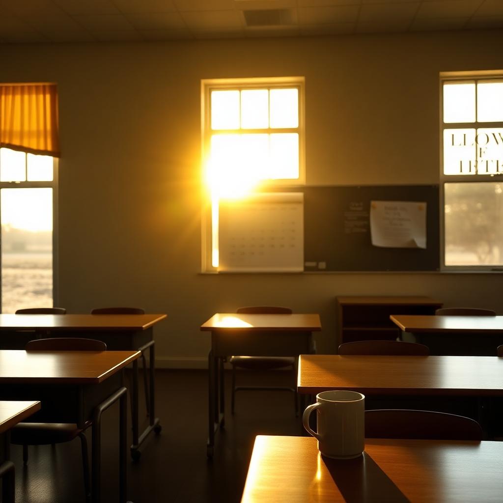 Empty classroom at golden hour representing rest and time off
