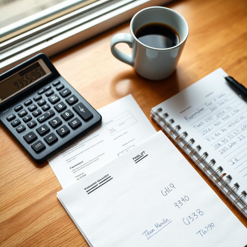 A calculator, payslip, notebook and coffee on a teacher's desk