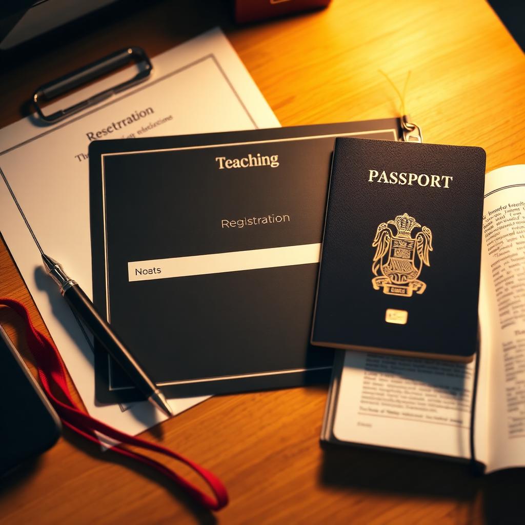 A teaching registration certificate, ID lanyard, pen and passport on a desk
