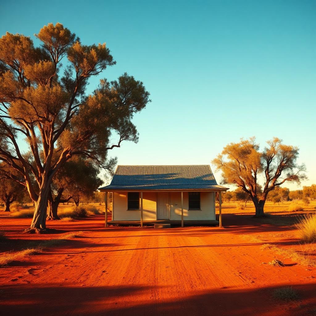 A small rural Australian schoolhouse on red dirt under a wide sky