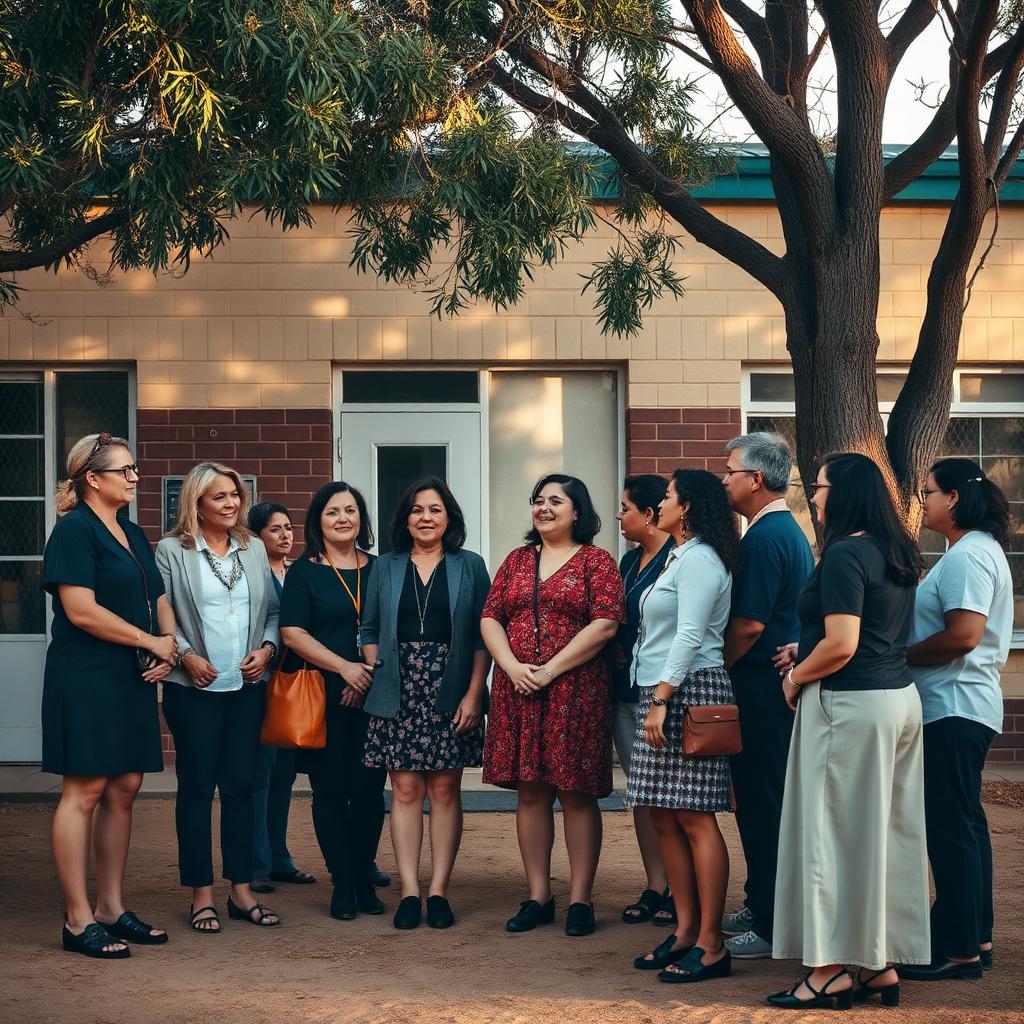 Australian teachers gathered outside a school building in warm afternoon light